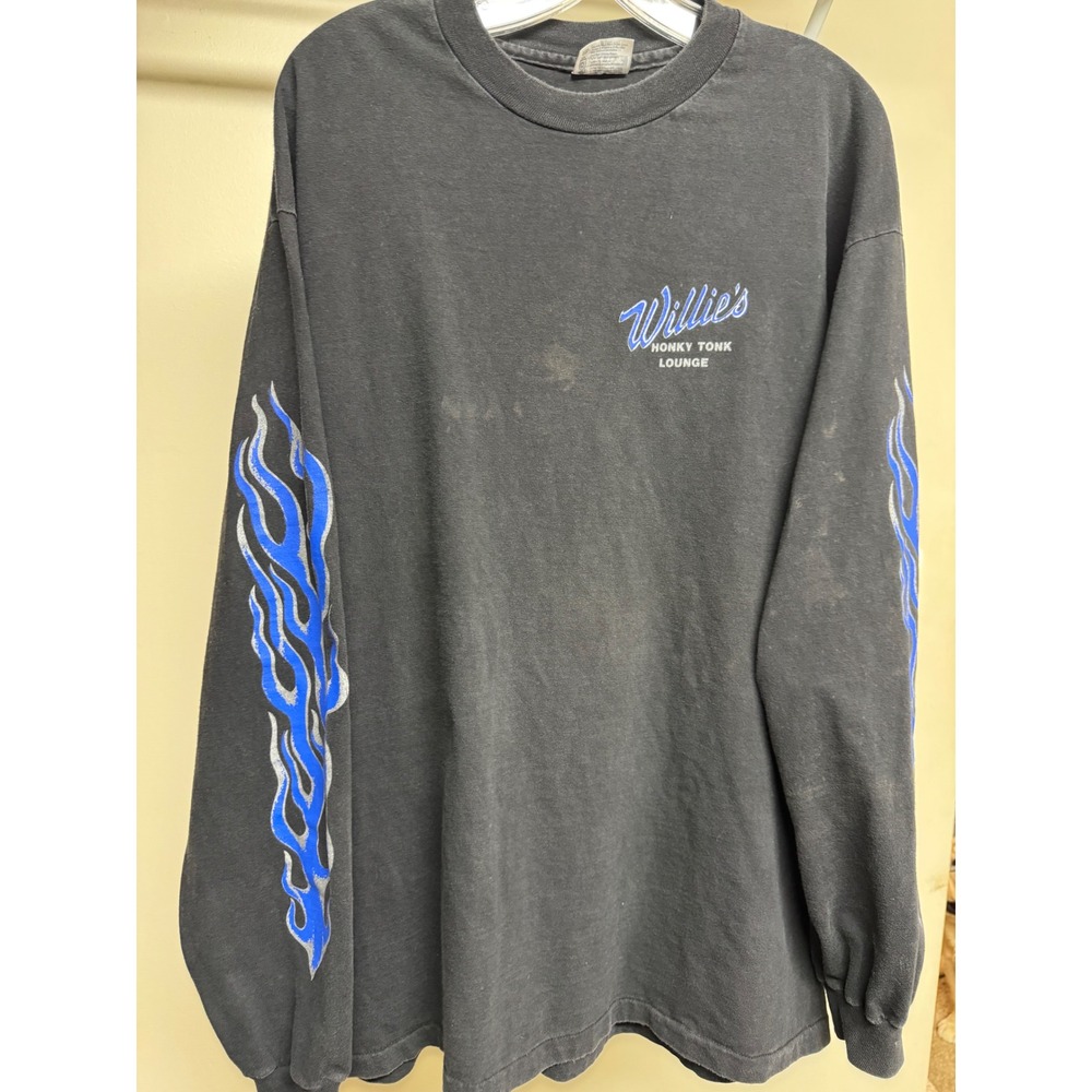 Vintage Hanes Beefy-T Willies Honky Tonk Lounge Biker Flame Shirt XL Made in USA